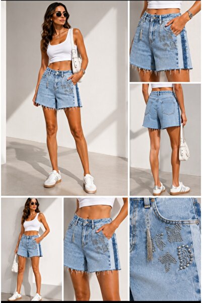 Yumey Mavi Drop Aksesuarlı Denim Şort