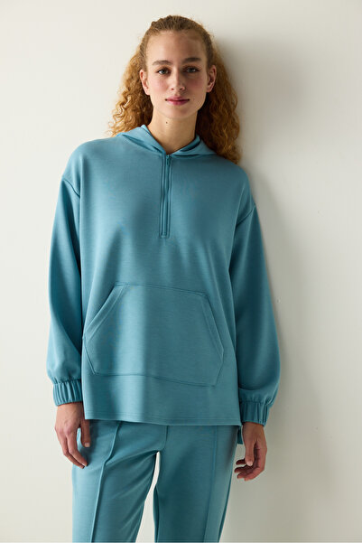 Penti Turkuaz Mavi Yarım Fermuarlı Kapüşonlu Silky Touch Sweatshirt