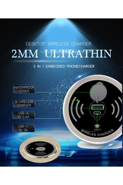 OEM 60mm gömülü 15W ofis mobilyaları kablosuz şarj adaptörü soket USBA + USB-...