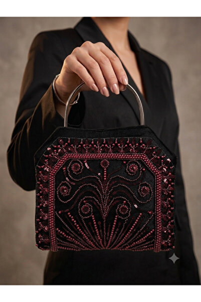GUSTELLO Black Stone and Sequin Bead Embellished Evening Dress Handbag Sparkl...