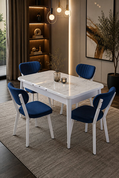 Atolye Casa 80x130 MDF Mutfak Masası (Sadece Masa) Beyaz Mermer Renk Parlak Y...