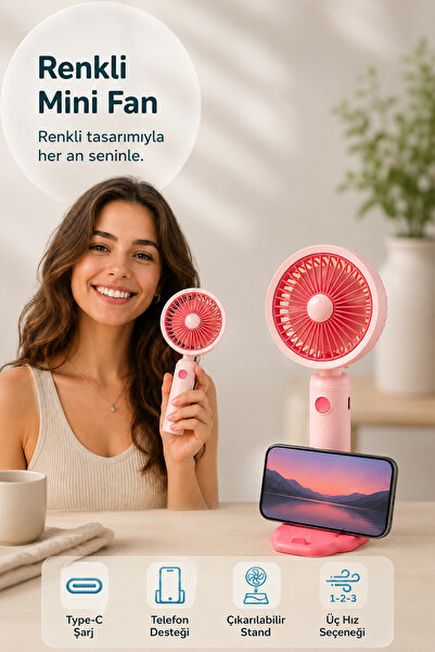 indirimsevinci 3 Kademeli Şarjlı Mini El Fanı Sessiz Taşınabilir Serinletici Fan