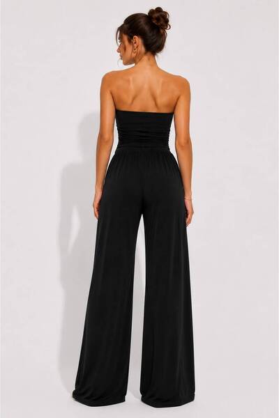 POP STORY Women's Strapless Tie-Up Asymmetrical Cut Blouse and Wide Leg Pants
