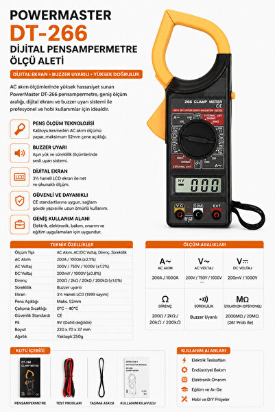 RobotikDepo Powermaster DT-266 Dijital Buzzerli Pensampermetre Ölçü Aleti