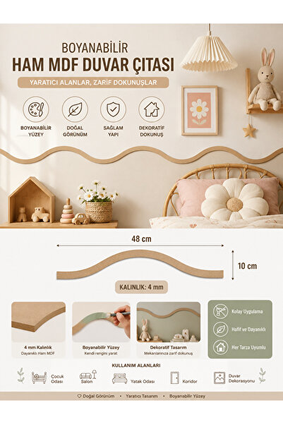 mdmetadesign Boyanabilir Ham Mdf Dekoratif Geniş Dalga Model Duvar Çıtası (48...