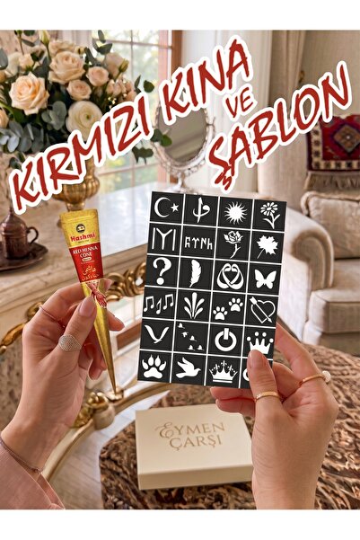 EYMEN ÇARŞI /Kına Kalıbı ve Kına/24 Farklı Desen Kına Şablonu ve Kırmızı Hint...