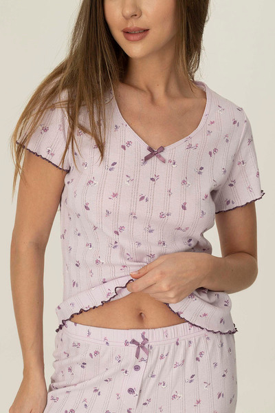 girlstop Kadın Pamuklu Pointelle Fiyonk Detaylı Kısa Kollu Pijama Üstü