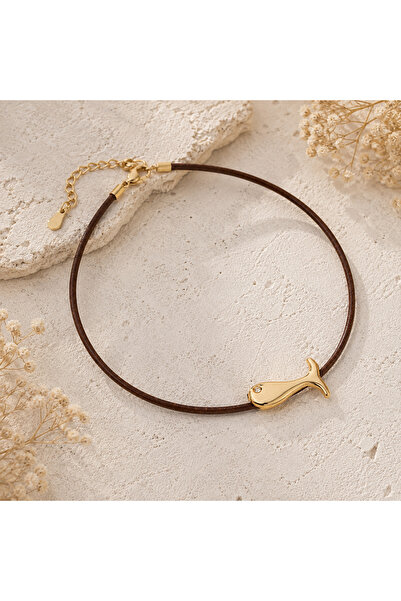 Kutcha Accessories Altın Kaplama Balık  Hakiki Deri Choker Kolye