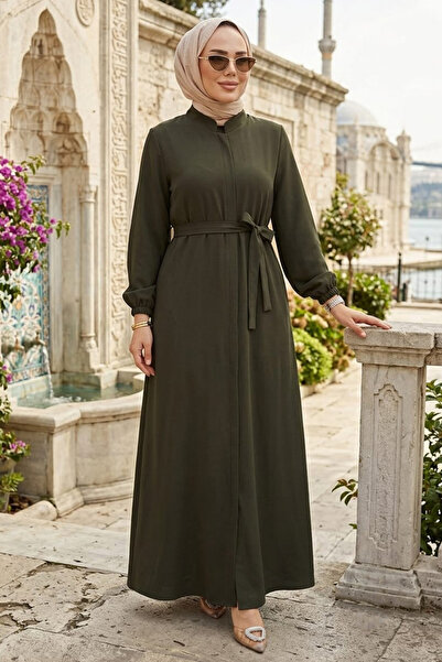 N.S NEVA STYLE Kemerli Haki Tesettür Ferace 26391HK