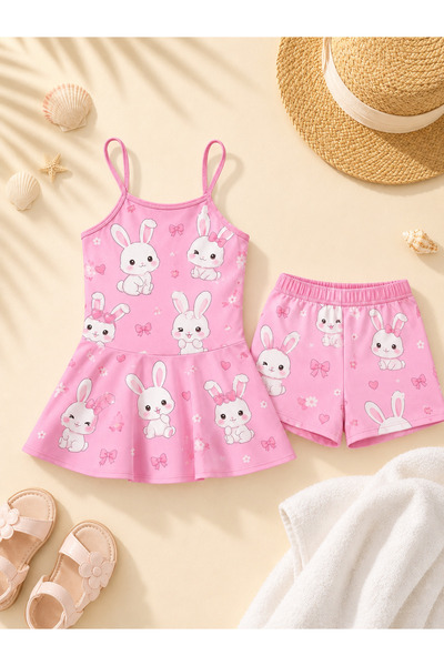 rony pony kids Kız Çocuk Pembe Tavşan Desenli Etekli Mayo ve Şort Takımı 2 Parça