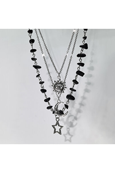 Choice Black 3-Piece Y2K black agate rubble star, sun, and moon pendant neckl...