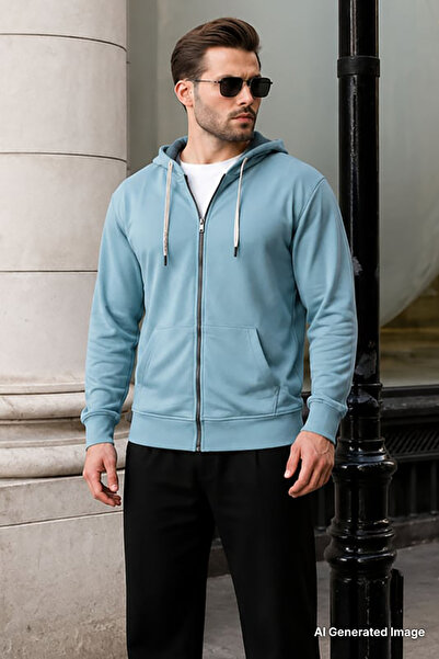 Madmext Light Blue Zippered Hooded Sweatshirt 6161