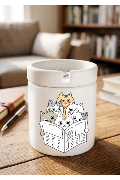 Eylül Design Cats Reading Newspaper Special Design Printed Ceramic Ashtray Od...