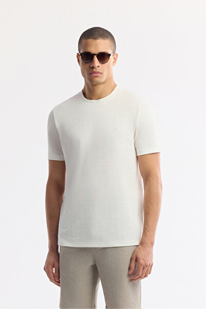 Avva Men's Ecru Crew Neck Viscose Blend Jacquard Regular Fit T-Shirt A51Y1041