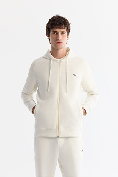 Avva Men's Ecru Hooded Cotton Zippered Elastane Regular Fit Sweatshirt A42Y1264
