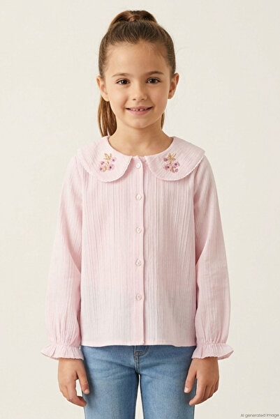 Breeze Girl's Shirt with Floral Embroidery on Collar and Buttons, Ages 4-9, Pink