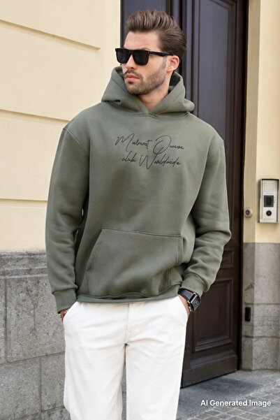 Madmext سويت شيرت رجالي كاكي بطباعة مفصلة وتفاصيل جيوب وغطاء للرأس 7064