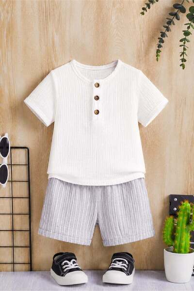 Bubito Unisex Baby&Child 100% Cotton Striped Buttoned Muslin Shorts Set-Gray