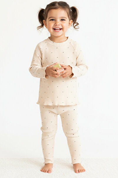 blumi kids Kalp Printed Ribbed Knit Bottom-Top Set – Beige