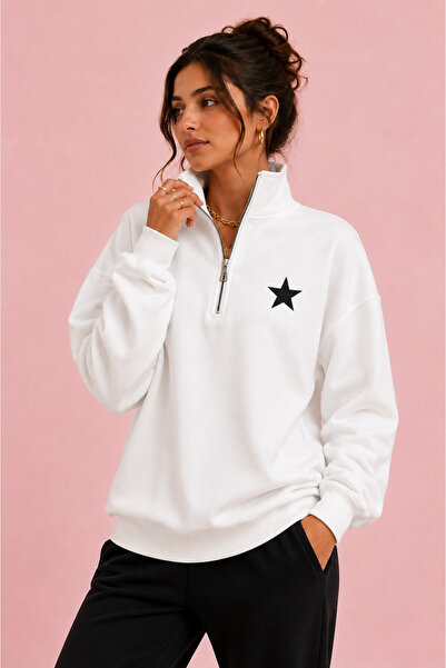 Jooy Company Star Printed Stand Collar Half Zipper White Women's Sweatshirt