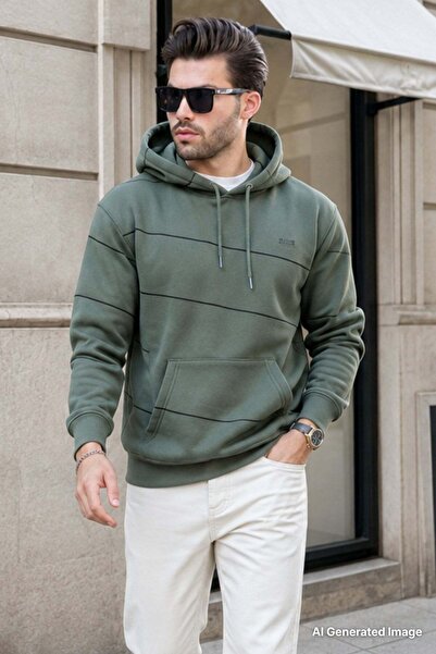 Madmext Khaki Hooded Pocket Detailed Striped Men's Sweatshirt 7063