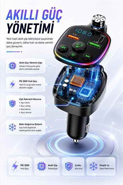 NEFFO Şarj Özellikli Dijital Göstergeli Araç Şarj Cihazı Bluetooth Fm Transmitter Çakmaklık Yeni Nesil Ultra Dayanıklı