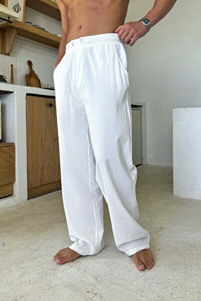 Flaw Wear Bel Lastikli Rahat Kesim Keten Pantolon Beyaz
