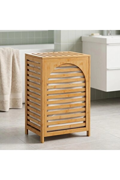 Go İthalat KALIN AHŞAP BAMBU KİRLİ ÇAMAŞIR SEPETİ KUMAŞ ÇANTALI SEPET=43X33X67CM (784)