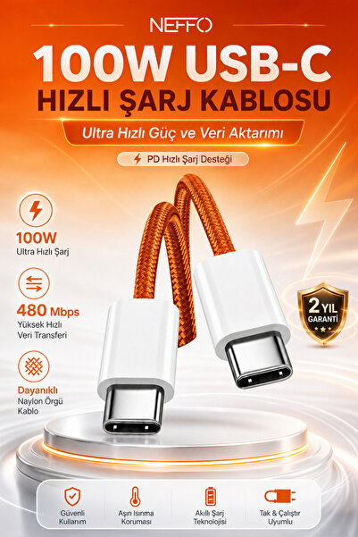 NEFFO 100W Destekli USB-C to USB-C Hızlı Şarj ve Yüksek Hızlı Veri Aktarım Ka...