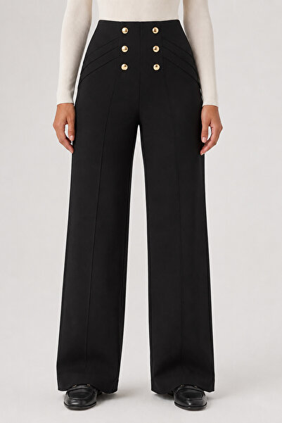 Grenj Fashion Gold Button Trousers Detailed Wide Cut Trousers