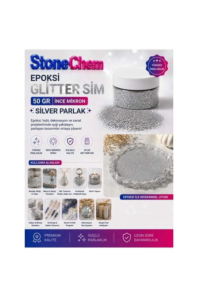 stonechem Epoksi Glitter Sim 50 gr İnce Mikron Parlak Silver Toz Pigment