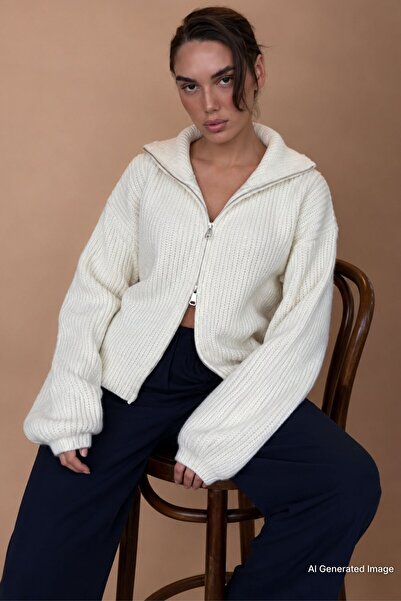 Madmext كارديجان نسائي منسوج بسحاب مزدوج بلون الكريم Mg2532