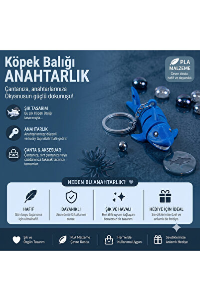 Lacivert Köpek Balığı Anahtarlık - 3D Hareketli Ürün- Okul Çantası Süsü - Çanta Aksesuarı