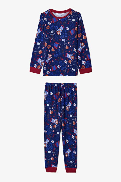 Penti Navy Blue Boy's Bear Style Bear Patterned Thermal Effective Pajama Set