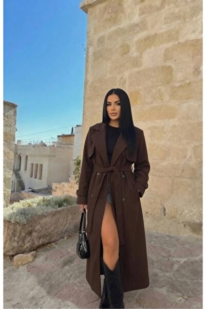 TANISA Καφέ υφασμάτινο κοστούμι με φόδρα και ζώνη, μακριά καμπαρντίνα TNS-9007