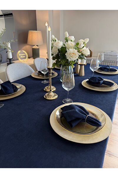 Decamor home İnci Lux Velvet Textured Seamless Navy Blue Tablecloth (Napkins ...