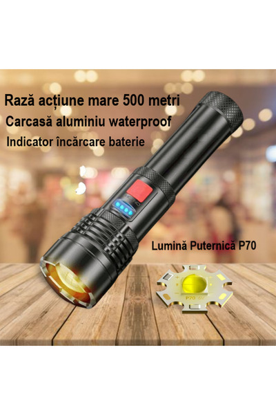 INVINCIO Lanterna Led Invincio, aluminiu, acumulator incorporat, rezistenta, 3 moduri de functionare