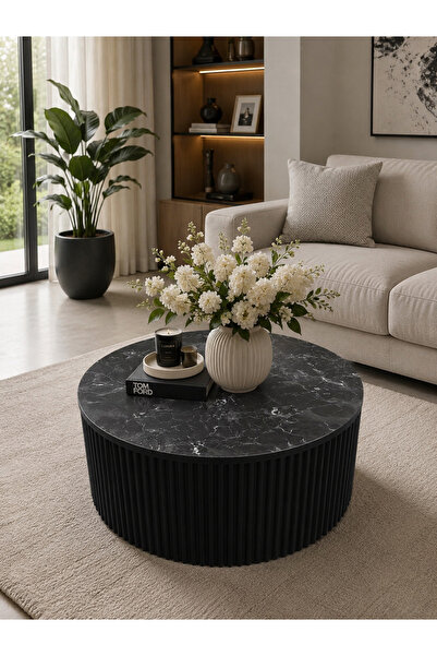 NAYAR HOME DESİGN HİRA YENİ NESİL ORTA SEHPA SİYAH MERMER DESEN 80X80