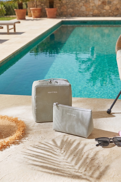 Ocean Home Textile 2 Adet Termal Astarlı Su İtici Leke Tutmaz Gri Jüt Keten Makyaj İlaç Çantası Seti 19x13x7/20x21x11