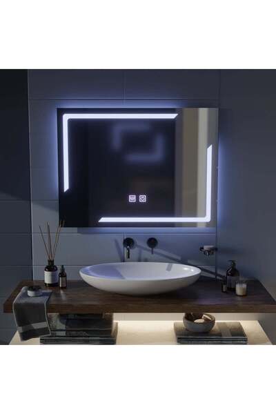 OEM Oglindă dreptunghiulară LED, 80x60 cm, tactilă, anti-aburire, reglabilă i...
