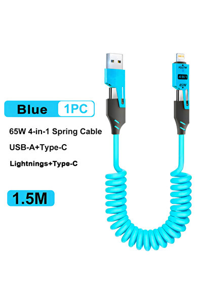 Choice1 كابل بيانات قصير زنبركي أزرق 65 واط 4 في 1، 6 أمبير، USB من النوع C، ...