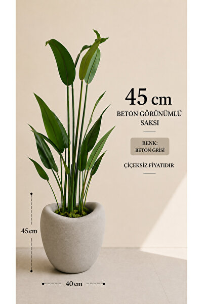 Lunalore Fiber Beton Dokulu 45 CM Modern Saksı Tasarımı Yapay ve Canlı Bitki ...
