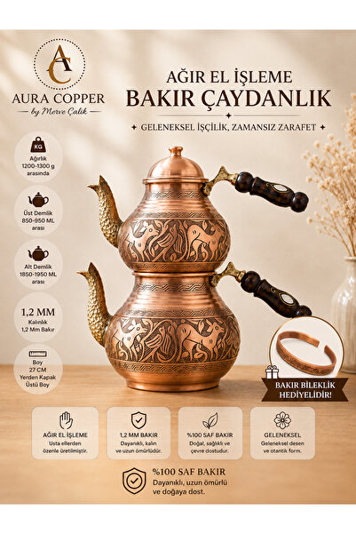 AURA COPPER Gaziantep Geleneksel Büyük Boy Bakır Çaydanlık El İşçiliği Ağır E...