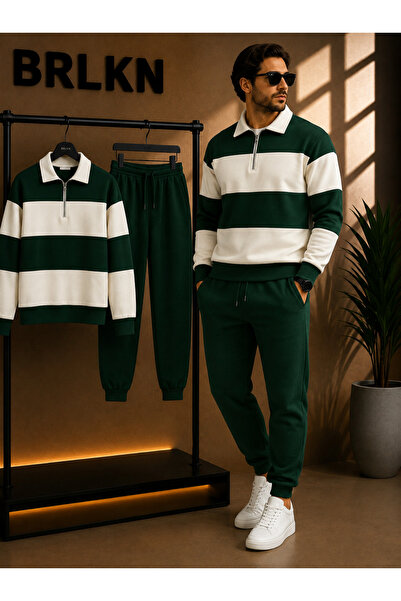 BRLKN Unisex thick striped half zipper tracksuit set 3 thread cotton new season