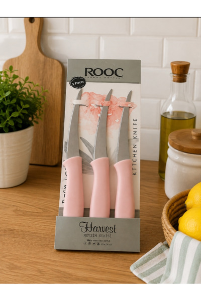 Rooc 3'lü Lazer Kesim Tırtıklı Meyve Sebze Bıçak Seti / Soft Pembe2