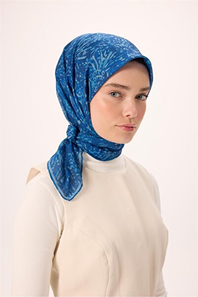 Silk Home Thin Cotton Soft Scarf Navy Blue-Baby Blue Patterned Non-Slip Textu...