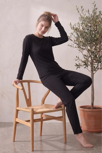 Farya Home Kalın Kışlık İnterlok Şeritli Uzun Kollu Örme Pijama Takımı