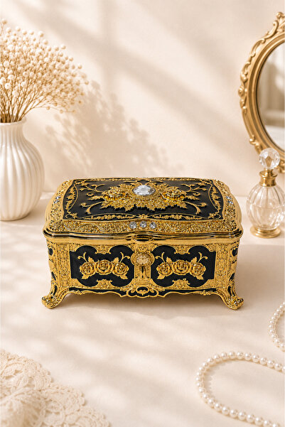 RASHA COLLECTION Black Rose Patterned Gold Embroidered Covered Jewelry Box