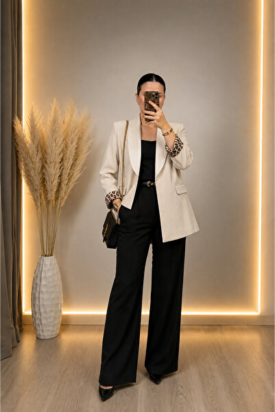 Vizon Collection Şal Yaka, Leopar Astar Taş Blazer