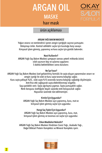 Okay Salon Formula Çok Yıpranmış ve Kuru Saçlar İçin ARGAN Saç Bakım Maskesi 500ml